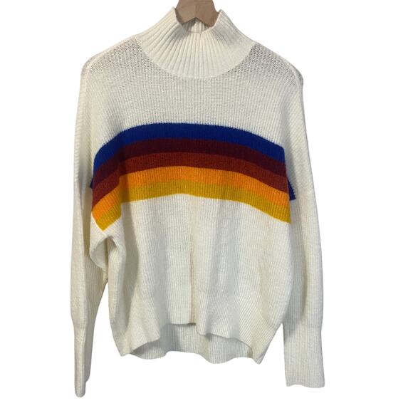Express Cozy High Neck White Striped Rainbow Colorful Long Sleeve Sweater Sz M - Picture 1 of 9